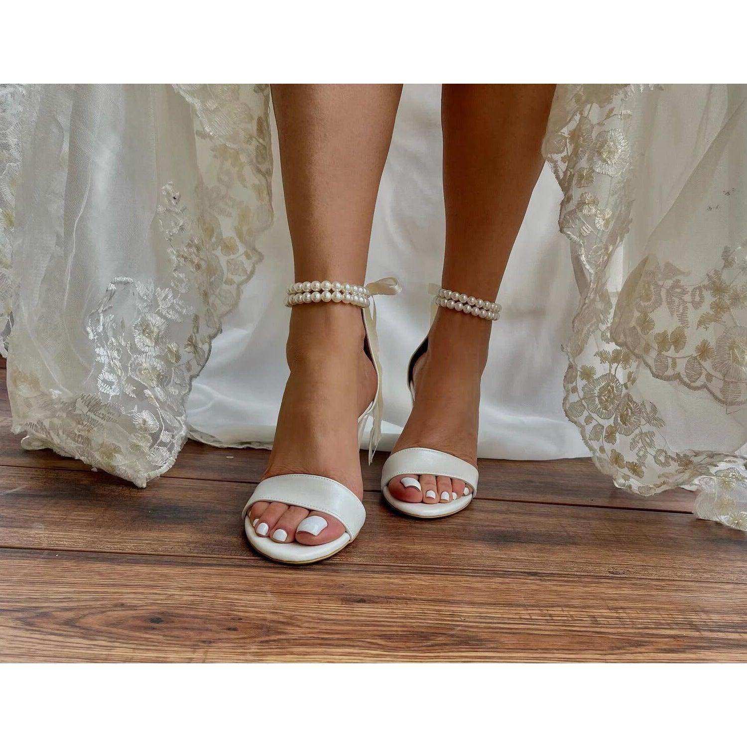 White Pearl Ankle Strap Round Block Heel Sandals 709190758540 - COCOMELODY